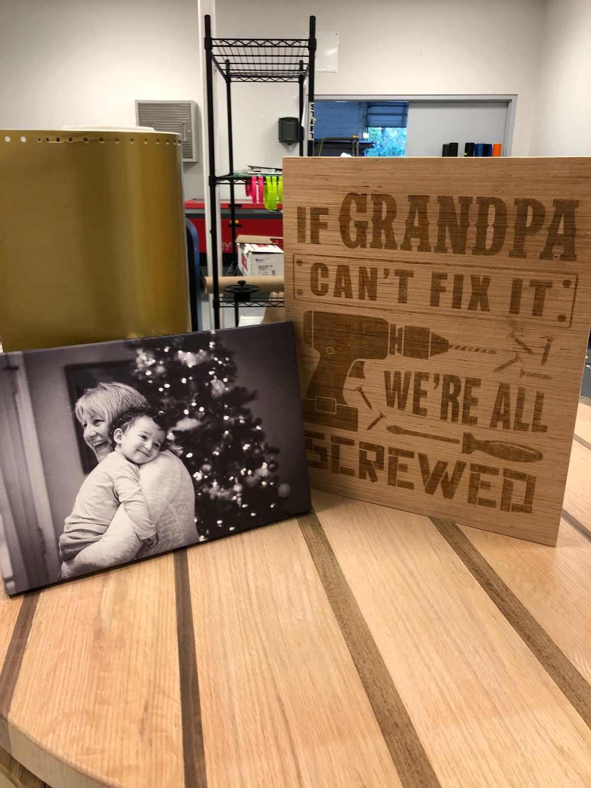 Engraved wood plaque and canvas print